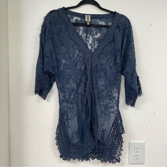 XCVI Blue Lace Short Sleeve Sheer Swimsuit Coverup Tunic S Floral Embroidery - Picture 1 of 10